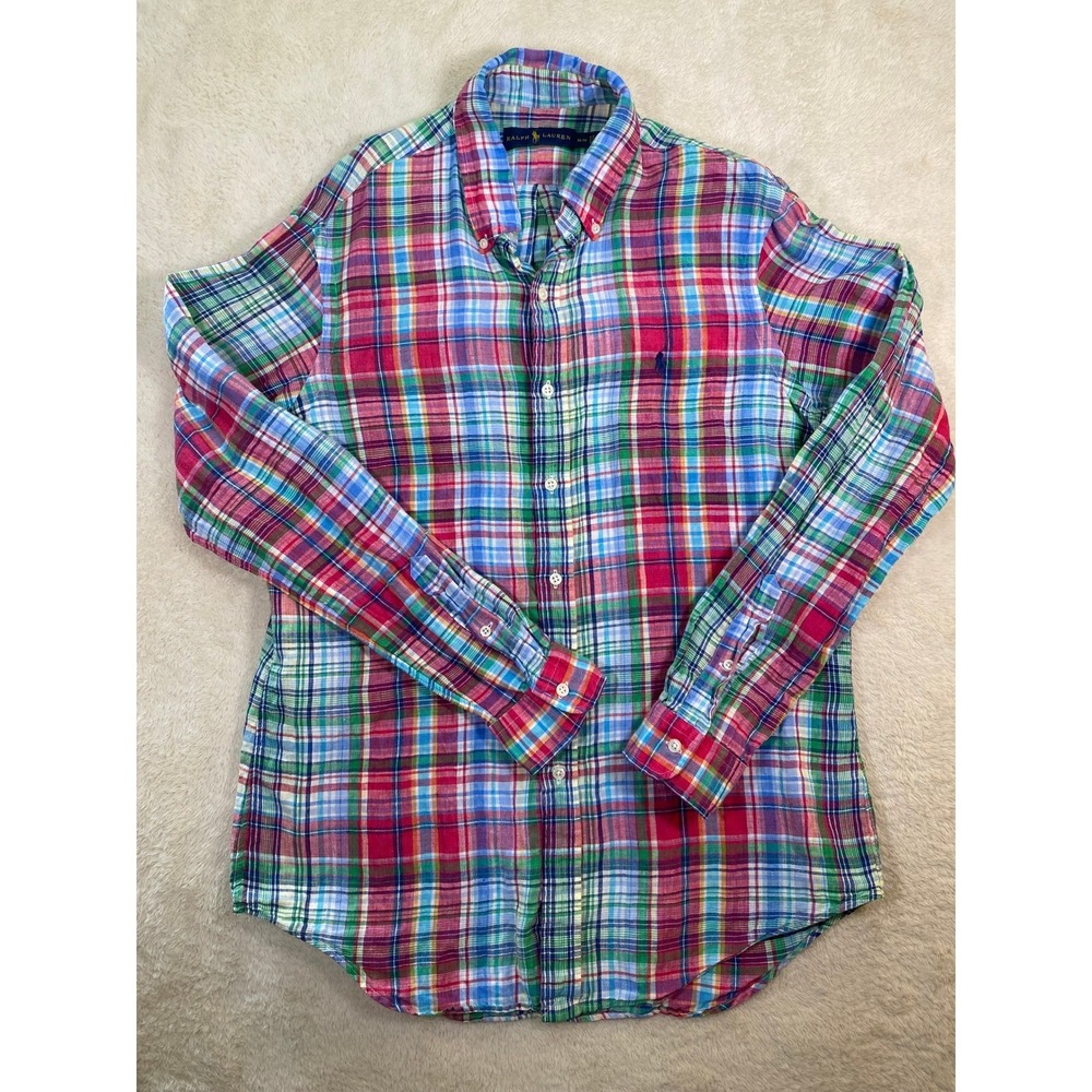 Ralph Lauren Mens Multi Color Plaid 100% Linen Button Down Shirt Size Medium